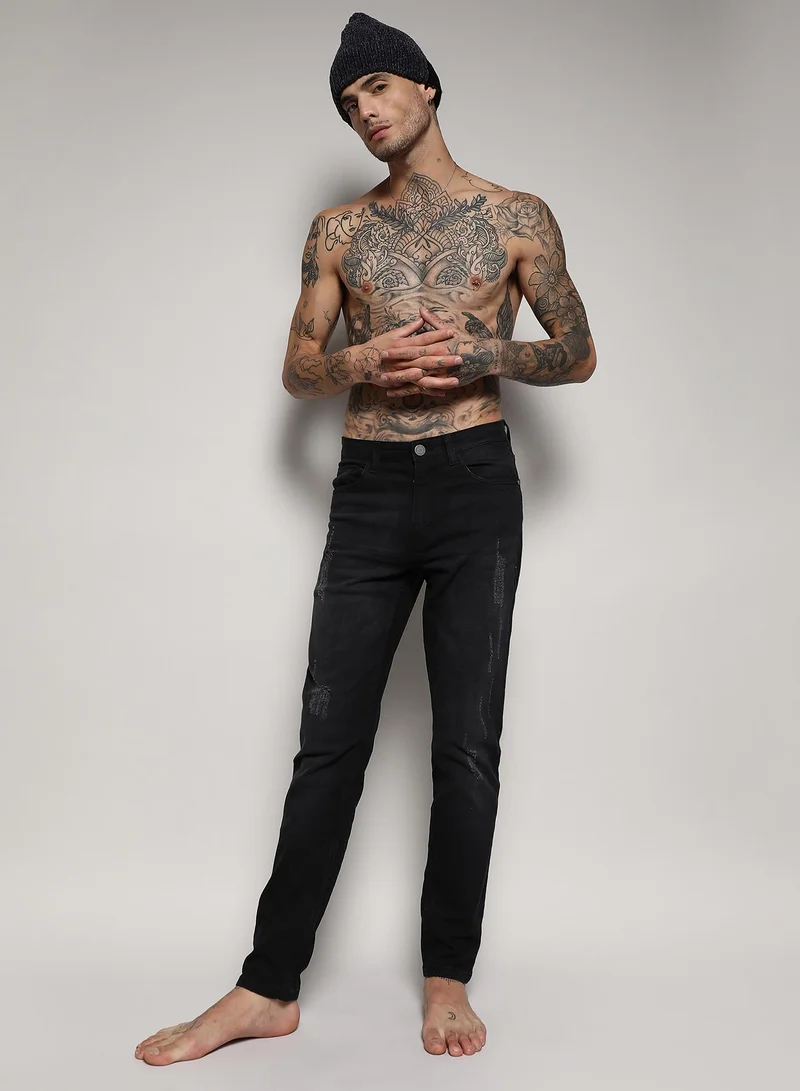 CAHOOT  Men's Black Minimal Distressed Denim Jeans For Casual Wear | Dark-Wash | Regular Fit | Button Closure | Cotton Denim Jeans Crafted With Comfort Fit For Everyday Wear for Men | Best Price UAE